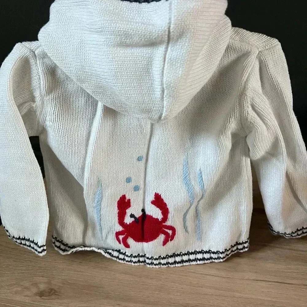 Janie and Jack hooded knitt cardigan 6-12M crab stitching detailing